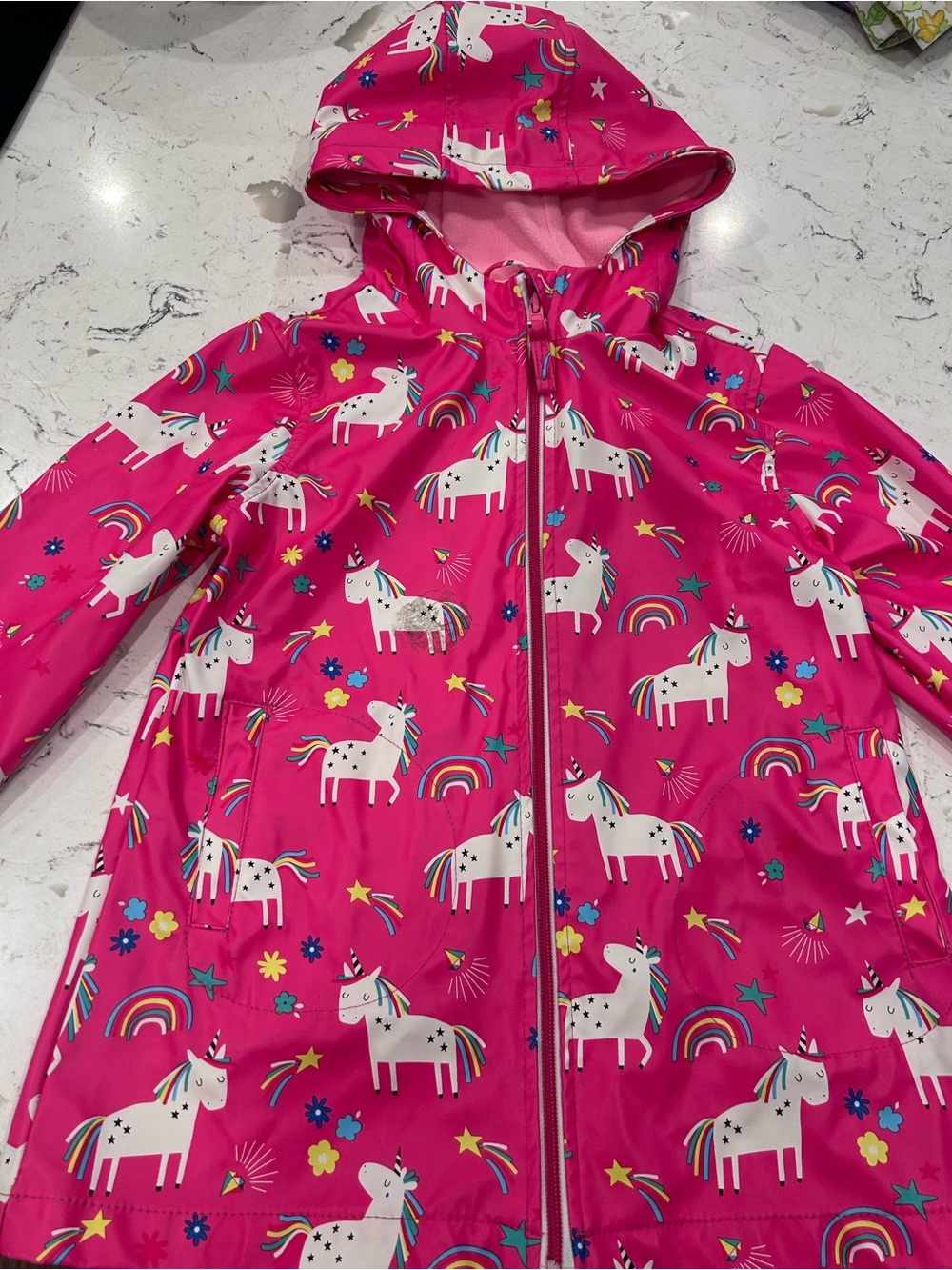 Pink Platinum Bright Pink Unicorn Rain Jacket with Rainbow Accents